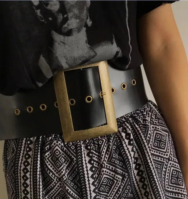 HIgh Quality Genuine Leather Female Wide Belt Punk Fashion Big Square Buckle Black Waist Dress Decorative Belt cinturon mujer 241226