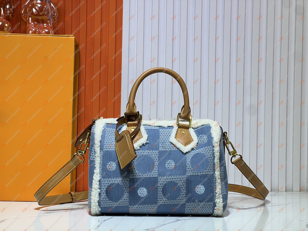 Speedys 25 Designer Men's Bag Boston Shoulder Bag High Quality Damier Denim 3D Cotton Canvas Ski Series Men's Winter Plush Handbag