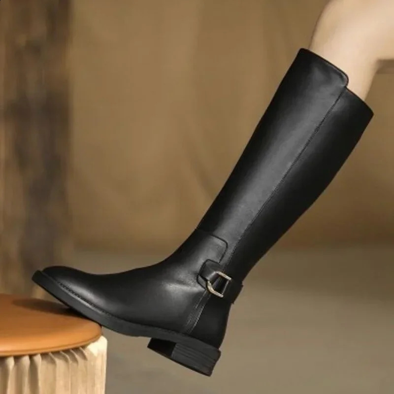 Pu Leather Knee Boots for Women Shoes Buckle Metal Decoration Fashion Outdoor Ladies Footwear Size 34-41 Long Black Botas 241231