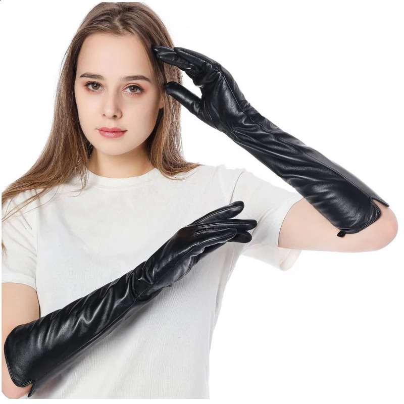 45CM Genuine Leather Long Gloves Genuine Sheepskin Long Gloves Womens Winter Warm velvet Lined Fashion 241230