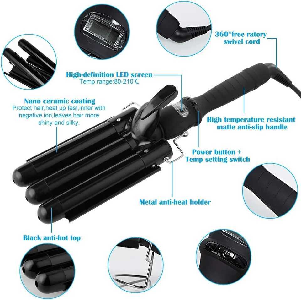 Three barrel curling iron ceramic curling iron with LCD display screen adjustable temperature three barrel curling tool fast heating W241231