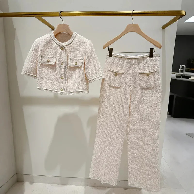 Women Trimmings Tweed Suit High Waist Straight Long Pants or O-neck Short Sleeve Coat Lady Spring Set 241230