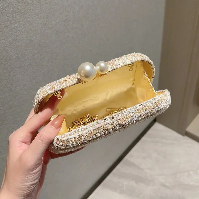 Sequin Tweed Evening Bag Faux Pearl Clutch Purse Plaid Pattern Handbags for Wedding Party Prom Small Shoulder Crossbody Bags 241231