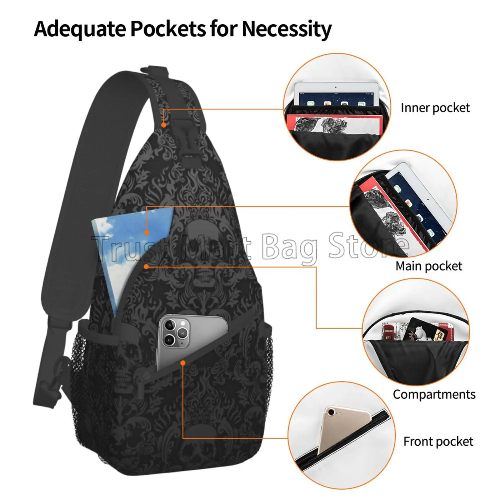 Vintage Black Gothic Skull Damask Sling Bag Crossbody Shoulder Bag Casual Sling Backpack Chest Bag Travel Sports Hiking Daypack 241230