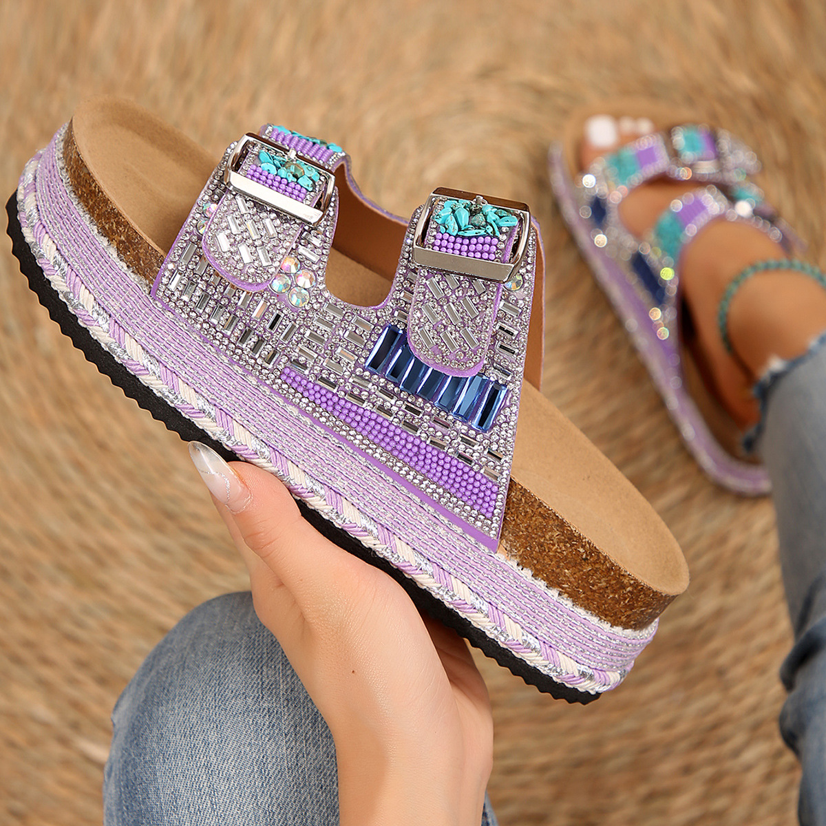 2025 summer new retro fashion thick NEW sole double buckle dia-like slippers for women every beach big size 36-43 women's shoes