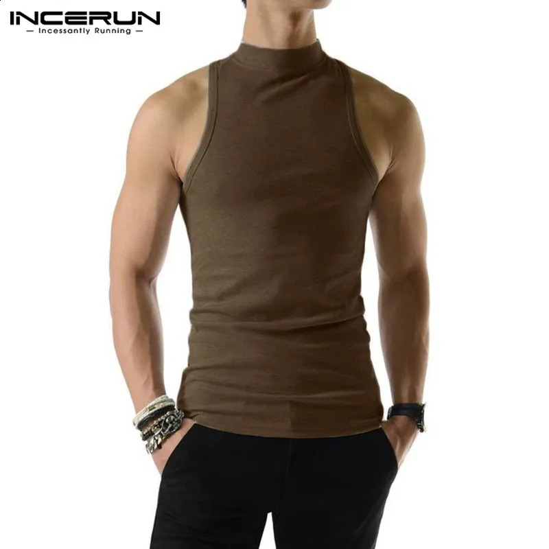 Men Tank Tops Turtleneck Sleeveless Knitted Casual Vests Summer Streetwear Solid Color Fashion Men Clothing INCERUN S-5XL 241230