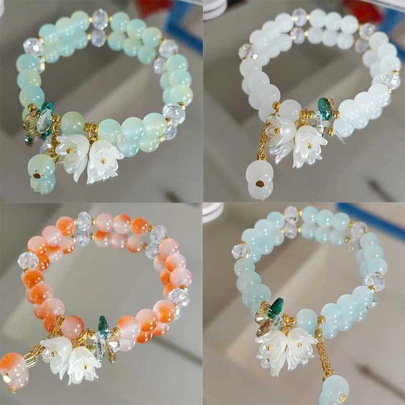 Cute green crystal bead bracelet suitable for womens Tren Lily Valley floral charm elastic adjustable bracelet wedding Birtay jewelry W241231