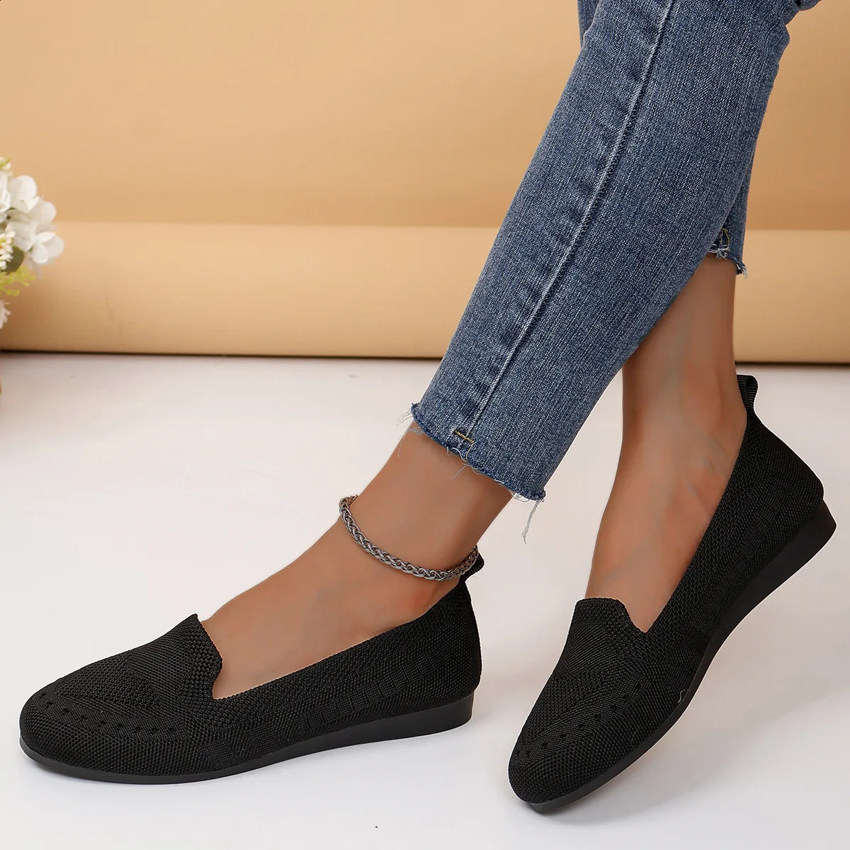 Plus Size 43 Womens Casual Round Toe Flat Shoes Solid Color Knitted Slip on Office Work Boat Shoe Loafers Zapatos Mujer 241225