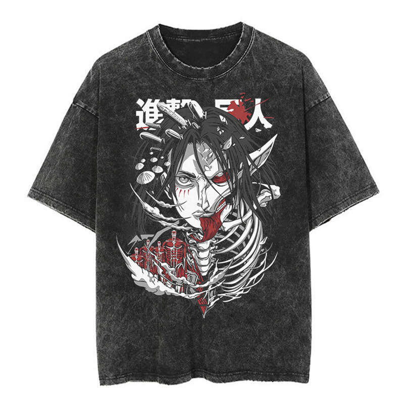 New Japanese Attack Giant Cartoon Anime Oversize High Street Vintage Washed Wax Printed Short Sleeve T-shirt