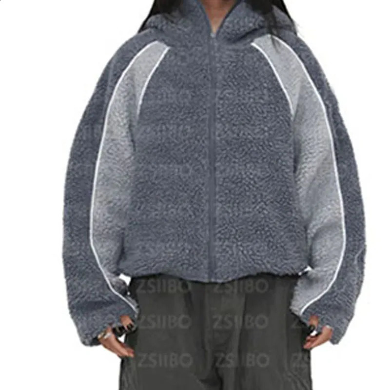 Patchwork Polar Fleece Oversized Hoodie Women Y2K American Vintage Clothing High Street Fashion Zipper Sweatshirt Men Streetwear 241230