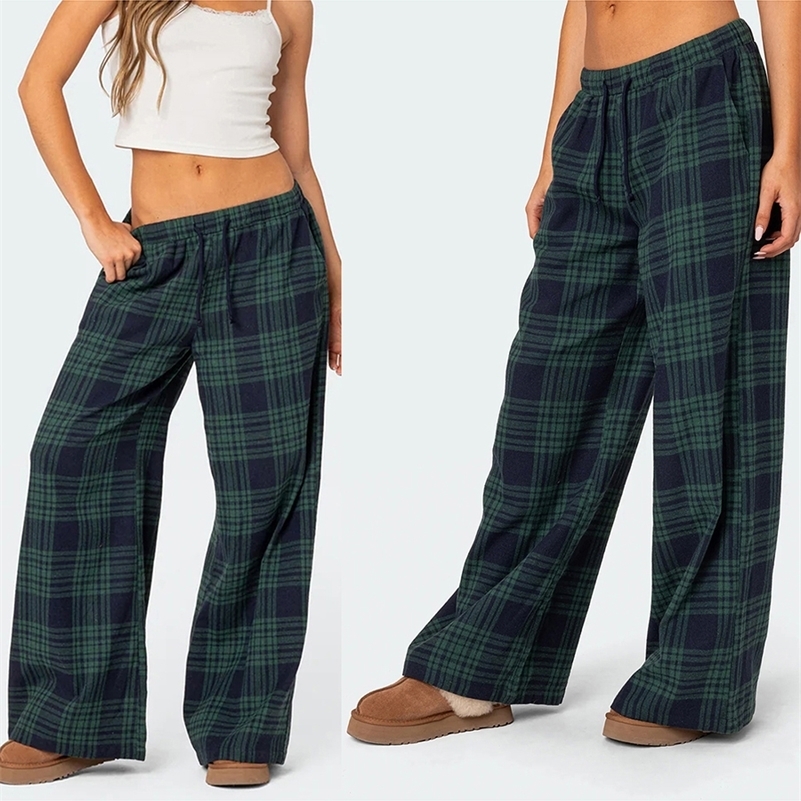 Mxiqqpltky Plaid Pants for Women Casual Pajama Elastic High Waist Wide Leg Cute Pj Bottoms 241228