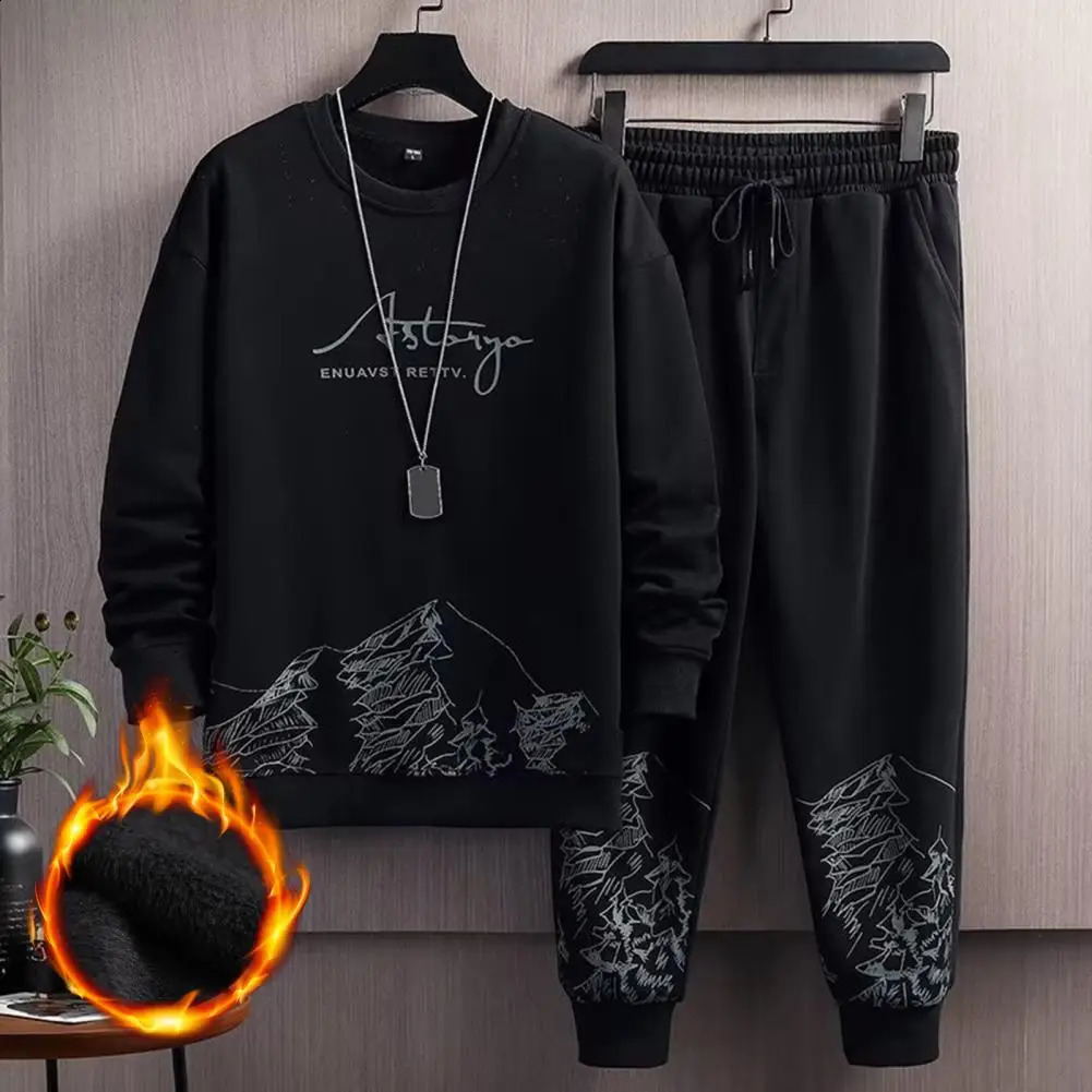 1 Set Men Tracksuit Plush Skin-touch Keep Warm Ribbed Cuff Sweatshirt Lace-up Sweatpants Men Sweatsuit Set Men Clothing 241224