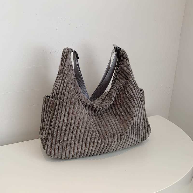 Large capacity 2024 solid color corduroy casual striped velvet, new commuting minimalist winter diagonal cross shoulder tote bag 241231