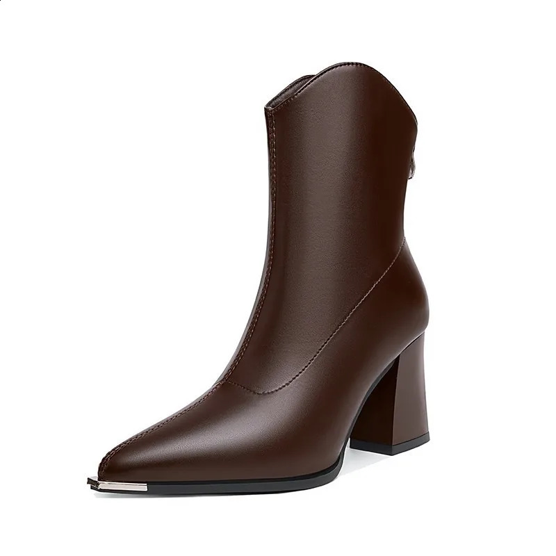 Winter Sexy Women Leather Boots Pointed Toe Chelsea Ankle Boots Trendy High Heels Zipper Goth Pumps Shoes 241231