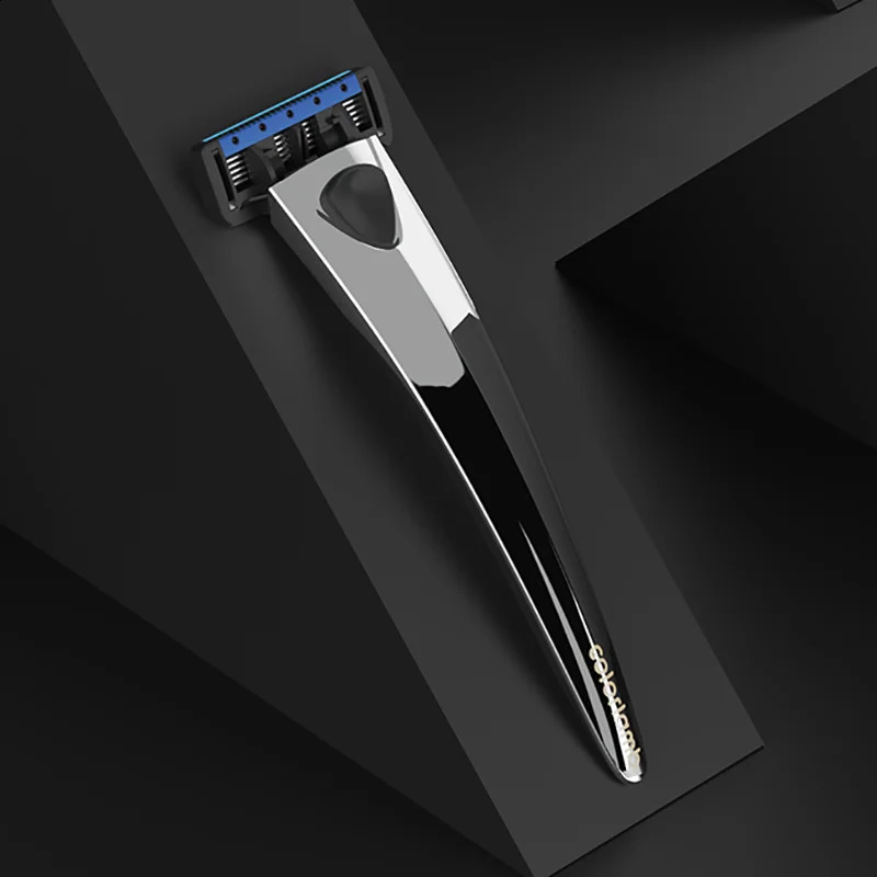 Colorlamb Metal Handle Manual Razor for Men Shaving Barber Classy Silver Color Shaver with 5 Blades Cartridge Set 241230
