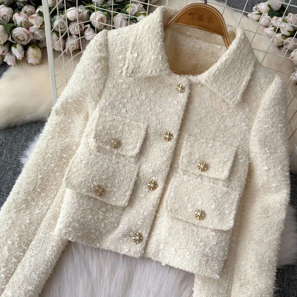 French Elegant Socialite Tweed Suit Lapel Single-breasted Long Sleeve Top High Waist Straight Slim Trousers Two Piece Sets Women 241230