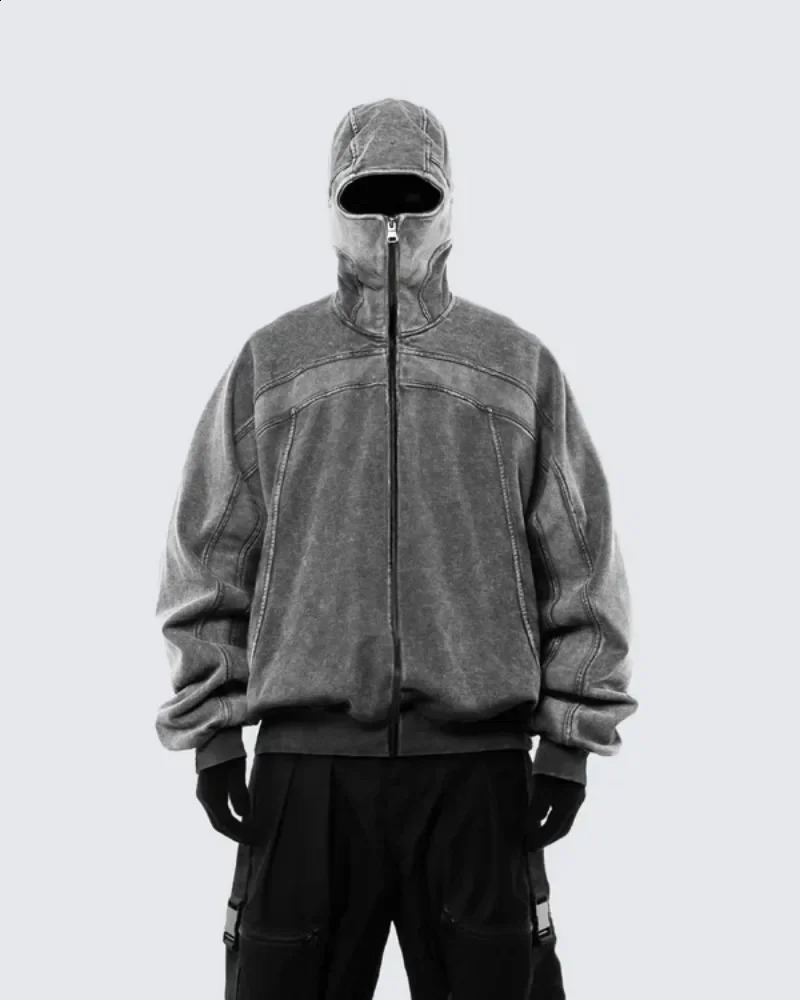 Balaclava Thug Hoodies for Men Washed Cotton Cardigan Ninja Pullover Zipper Raw Edge Retro Streetwear Couple Sweatshirt Y2K 241230