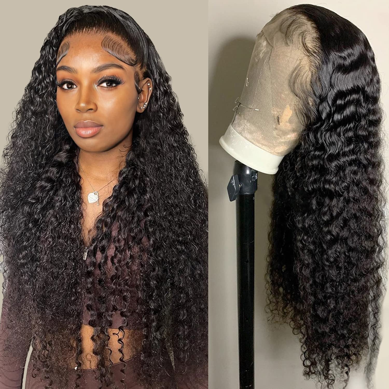 34Inch Long Natural Deep Wave Synthetic Wig 13x4Lace Front Black Curly Wigs 200Density Heat Resistant Fiber For Black Women