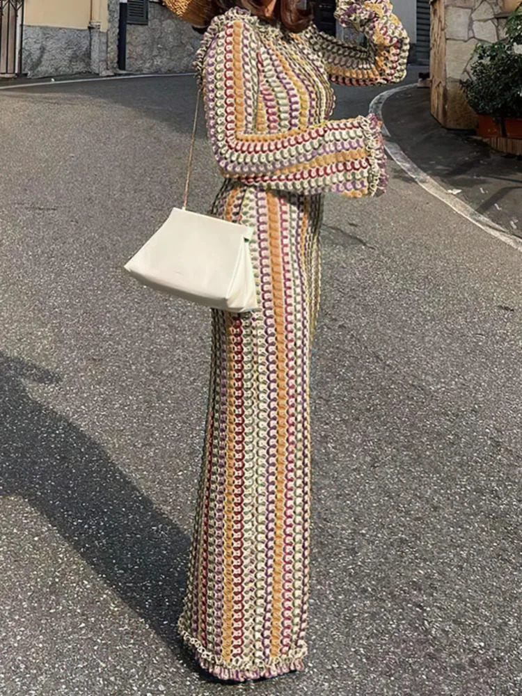 LANMREM Fashion Backless Womens Dress Lace Contrast Color Long Sleeves Slim Dresses 2024 Summer Clothing 32C825 241231