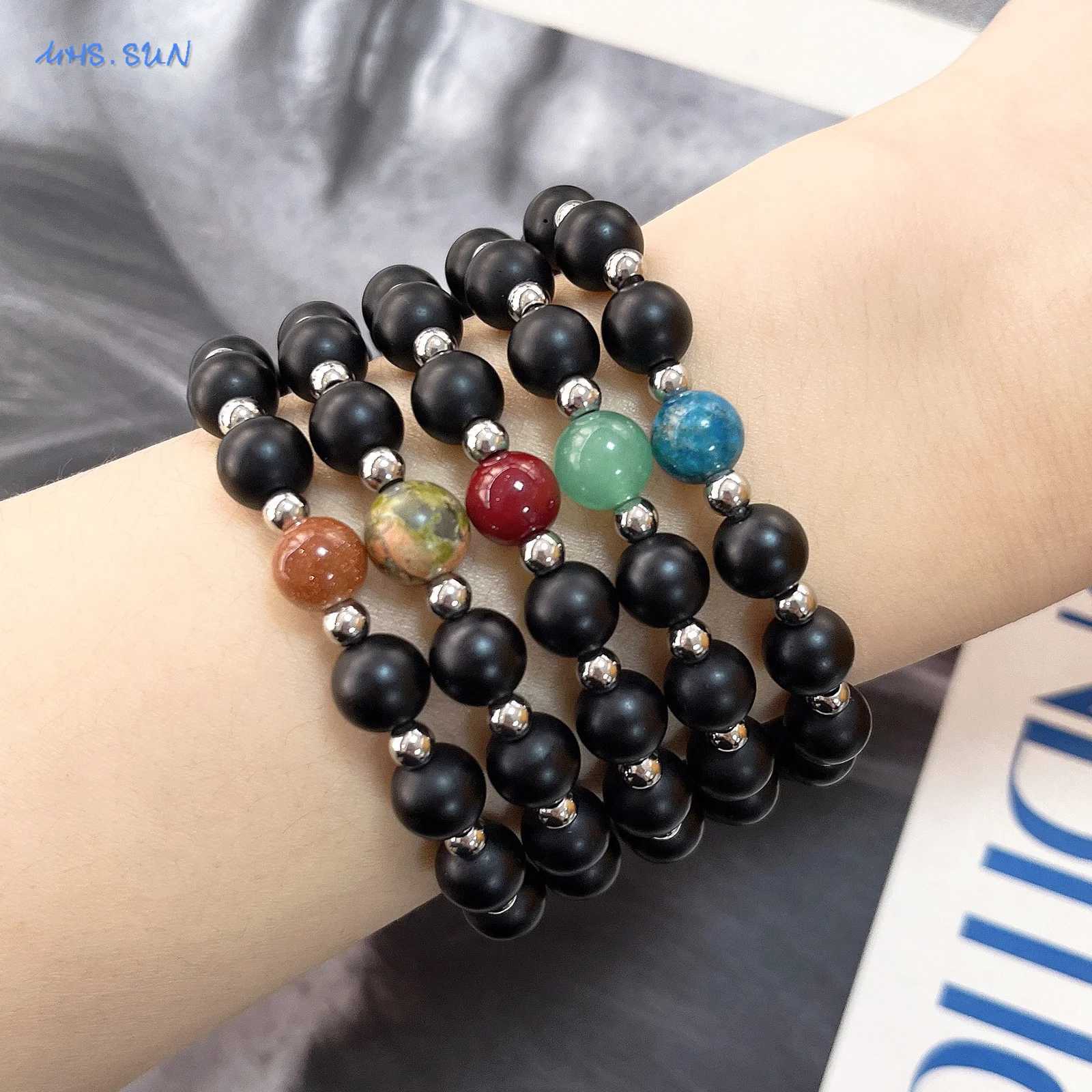 MHS. Sun Natural Stone frosted black glass elastic bead bracelet suitable for women men steel Accor yoga perseverance jewelry gifts W241231