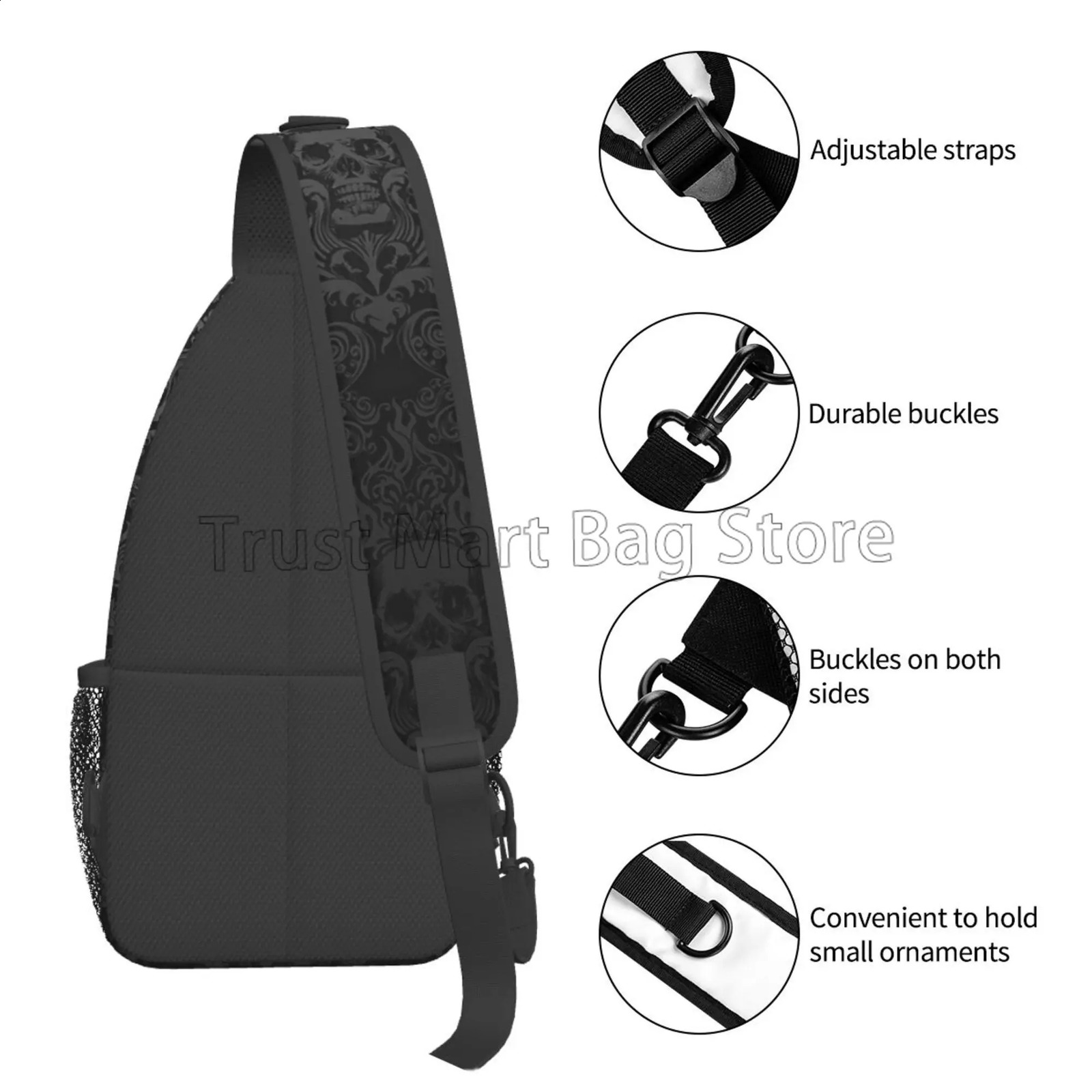 Vintage Black Gothic Skull Damask Sling Bag Crossbody Shoulder Bag Casual Sling Backpack Chest Bag Travel Sports Hiking Daypack 241230