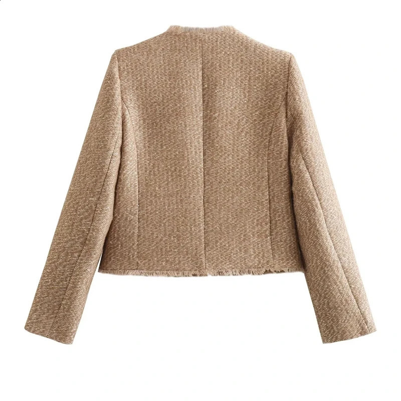 TRAF Jackets Outerwears Cropped Tweed Jacket Women Autumn Long Sleeve Solid Coats Texture Winter Coat Female Elegant Short Coats 241230