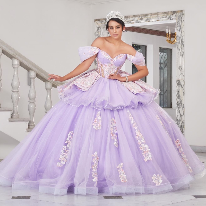 Lilac Quinceanera Dresses Ball Gown Off The Shoulder Applique Lace Beading Tull With Cape Party Birthday Sweet 16 Vestido De 15 Anos