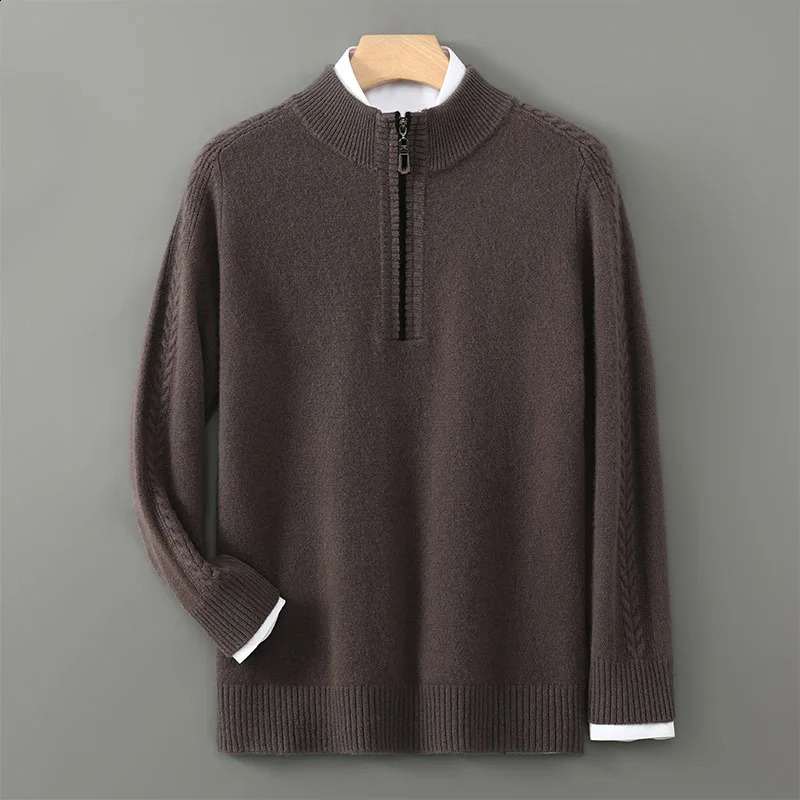 Autumn Winter Men Pure Wool Knitted Long Sleeved Pullover Sweater Semi High Collar Thick Zipper Warmth Business Fashionable 241230