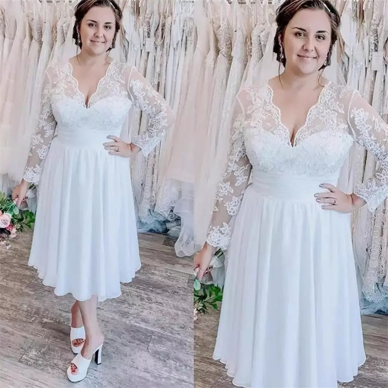 Minimalist Short Plus Size Wedding Dress Sexy V Neck Long Sleeve Lace Boho Bride Gown Civil Country Beach Bridal 2025 Gatsby Robe De Mariee Elegant Ch