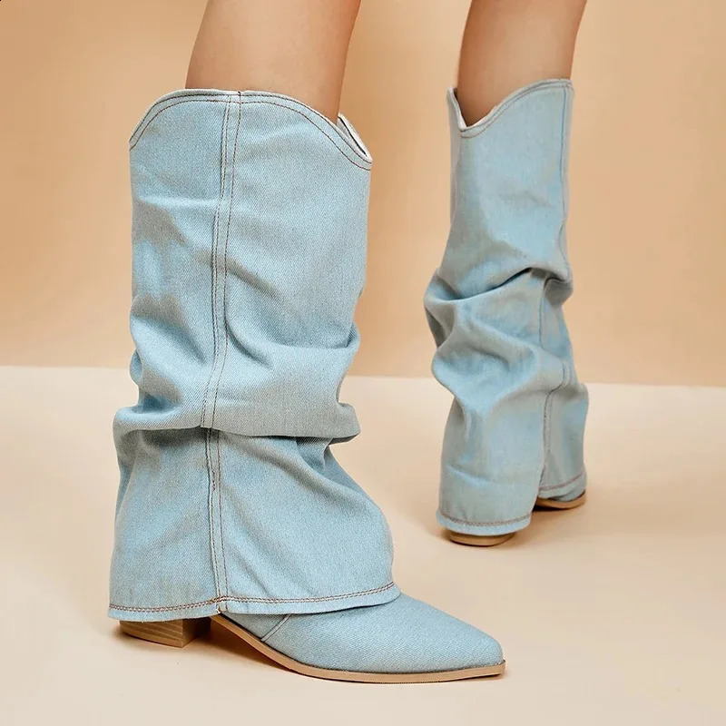 Pleated Knee High Boots for Women Pointed Toe Square Heels Cowboy Boots Woman Autumn Winter Denim Long Booties De Mujer 241231
