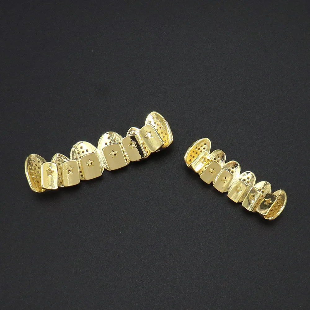 1set Hip Hop Teeth Gold Plated Dental Grills Rock Tooth Caps Crystal Teeth Caps Halloween Tooth 241226