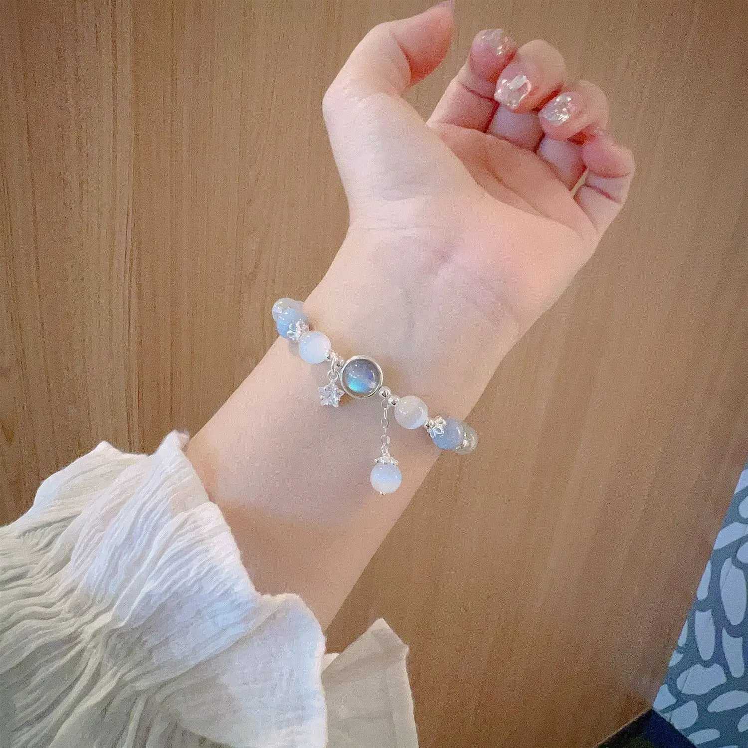 Glass Protein Stone Sea Blue Treasure Moonlight Crystal Bracelet Light Luxury Elastic Bracelet Womens Jewelry Accessories W241231
