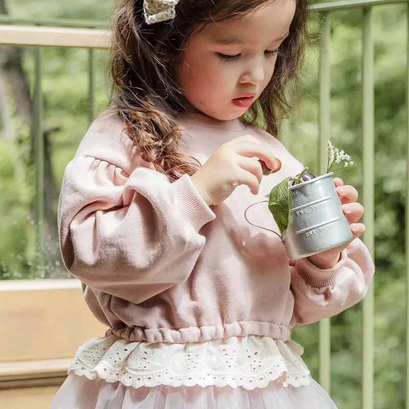 2025 Spring Children Girl 2PCS Clothes Set Hollow Bubble Sleeve Lace Hem Tops Solid Casual Patns Suit Kids Girl Tracksuit 241226