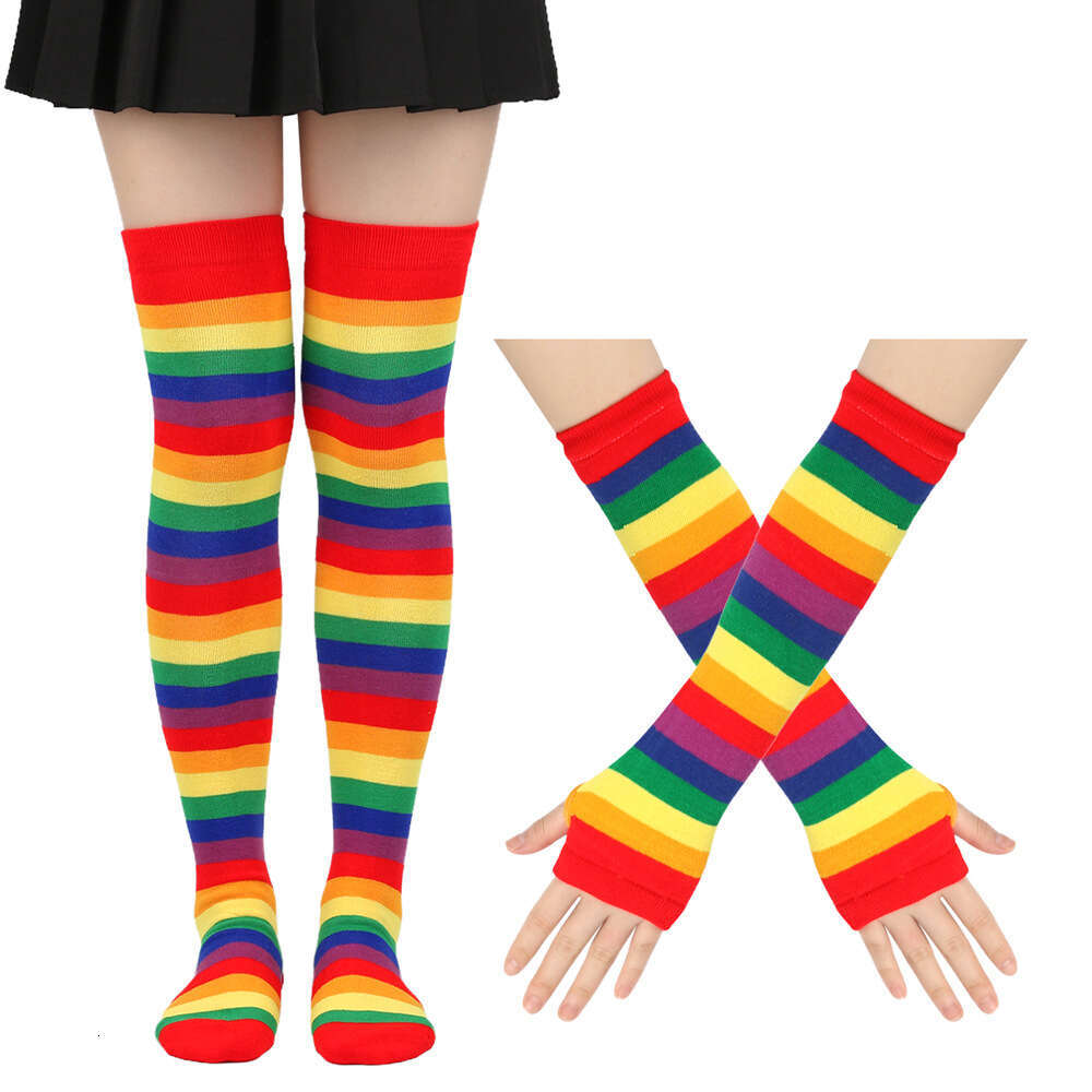 Over Knee Women's Party Rainbow Stockings Gloves Colorful Striped Socks