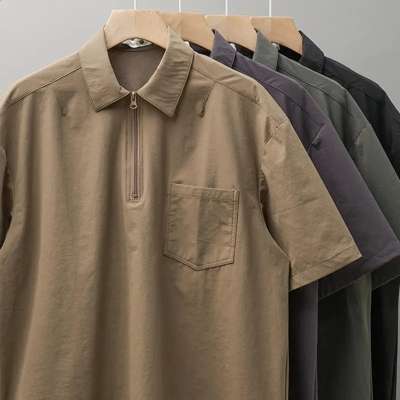 American Work Polo Shirt Mens Preppy Short Sleeved Blouse Summer Oversized Retro Loose Zippered Lapel Shirt T-shirt Top Garment 241230