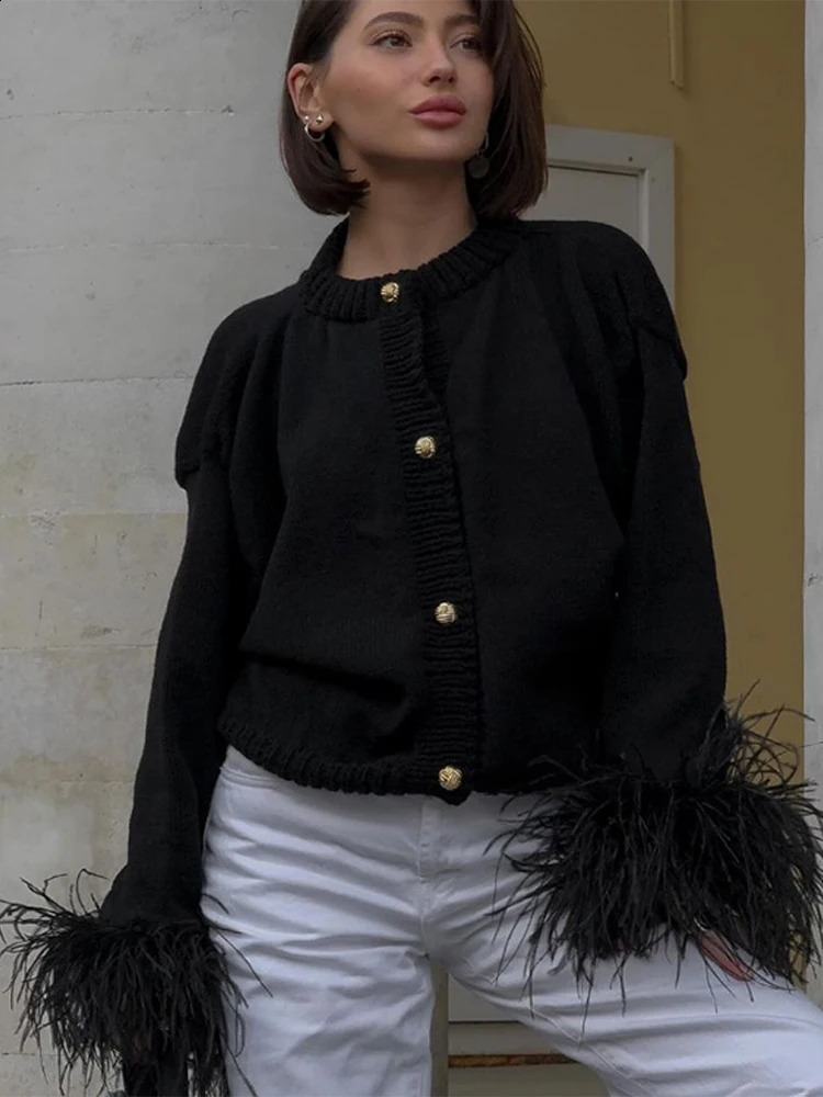 Patchwork Feather Cuffs O-neck Sweaters Women Elegant Solid Single Breasted Cardigan Lady Fashion Chic Loose Streetwear Tops 241230