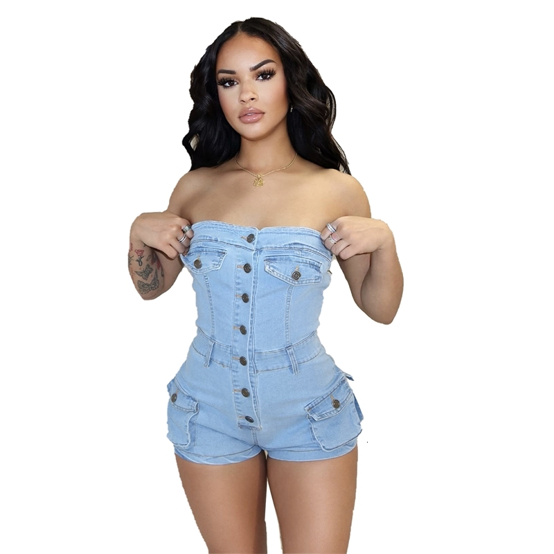 Women Jumpsuits Designer 2025 New Summer Denim Rompers Strapless Elastic Jumpsuit Shorts 2 Colours