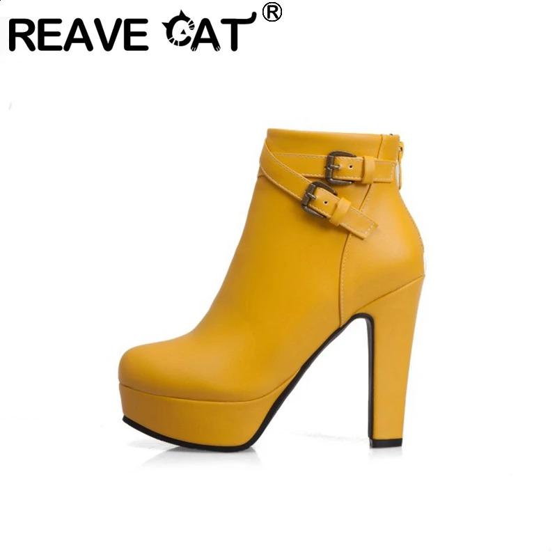 REAVE CAT Size 34-50 Ladies Platform Ankle Boots Party Office Women Fashion 12CM Thick High Heels Buckle Shoes F1484 241231