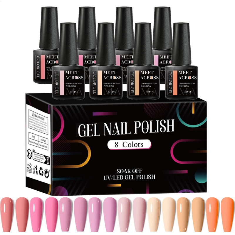 MEET ACROSS 8pcs Gel Nail Polish Set Nude Pink Nail Art Soak Off UV LED Gel Polish Kit For Home Salon Manicure DIY Varnishes 241230