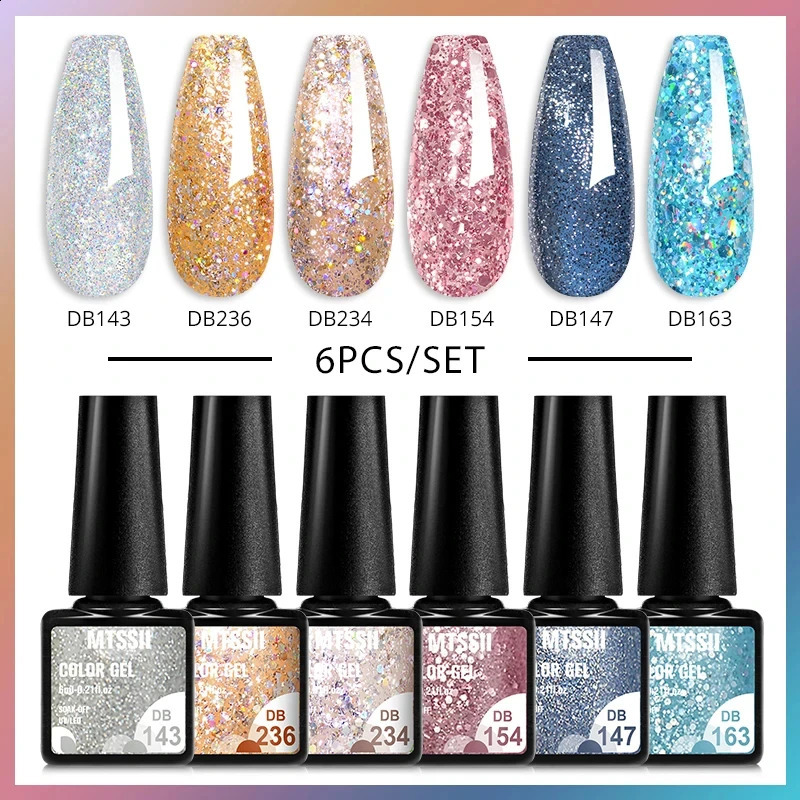 6Pcs/Set Purple Glitter Bright Gel Nail Polish Set Semi Permanent Spring Summer Colors Series Soak Off UV Nail Art Gel Varnish 241230