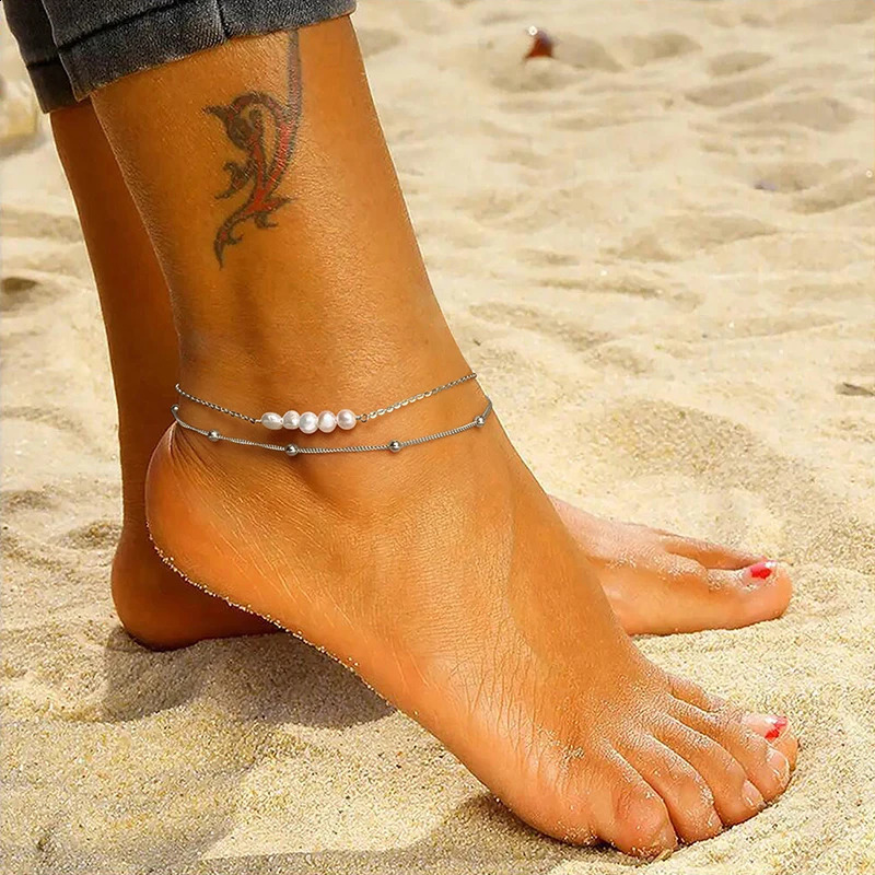 Metiseko 925 Sterling Silver Natural Freshwater Pearls Anklets Baroque Irregular Double Layers Foot Bracelet for Women Beach 241226
