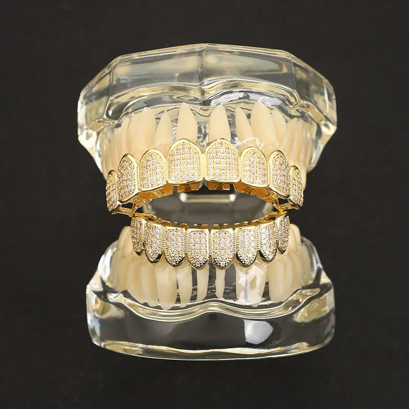 HipHop CZ 8 Teeth Set For Unisex Top Bottom Mouth Gold Silver Color Teeth Tooth Cap Removable Dental Fashion Jewelry 241226