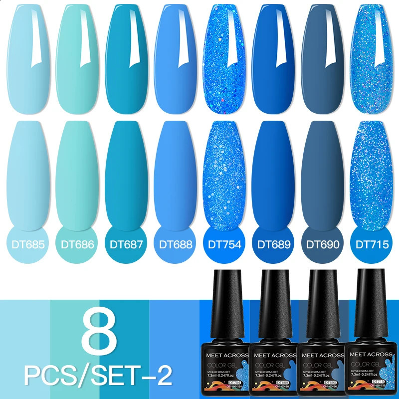 MEET ACROSS 8Pcs/Set Crystal Red Gel Nail Polish Set Sparkly Glitter Nail Art Vernis Semi Permanent UV Painting Gel Kit 241230