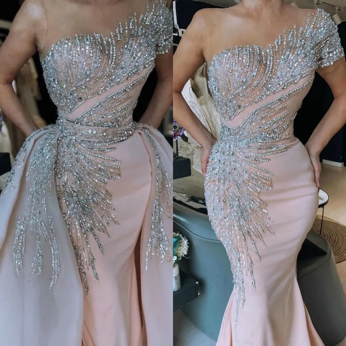 Classic Evening Dresses For Women Sheer Neck Sleeveless Gown Sequins Appliques Detachable Train Customized Dress Party