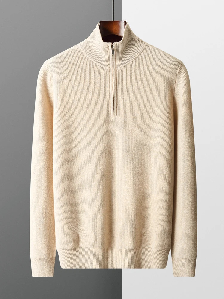 Men Zipper Mock Neck Cashmere Pullover Autumn Winter 100% Merino Wool Sweater Color Contrast Knitwear Smart Casual Jumpers 241230