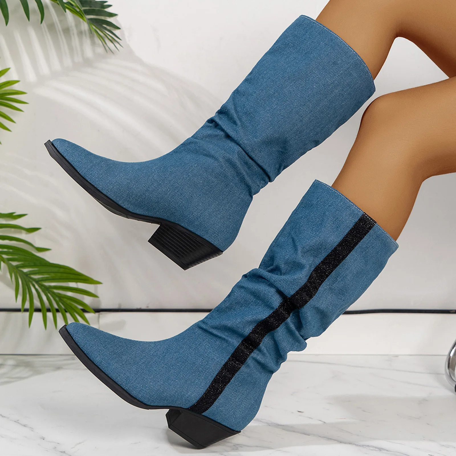 Western Vintage Mid Calf Boots For Women Fashion Retro Winter Denim Thick Heel Pointed Long Sleeve Knee Length Boots Botas 241231