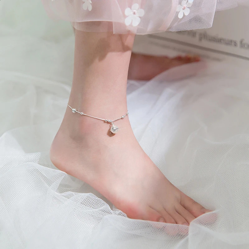 Modian Minimalism Bell Beaded Ball Anklet Bracelet For Women 925 Sterling Silver Chain Link Foot Leg Fine Jewelry 241226