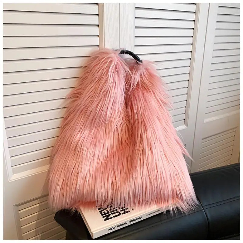 Wool Womens Winter Warm Plush Crossbody Shoulder Bags Y2k Girls Faux Fur Bucket Bag Fashion Female Furry Purse Tote Handbags 241231