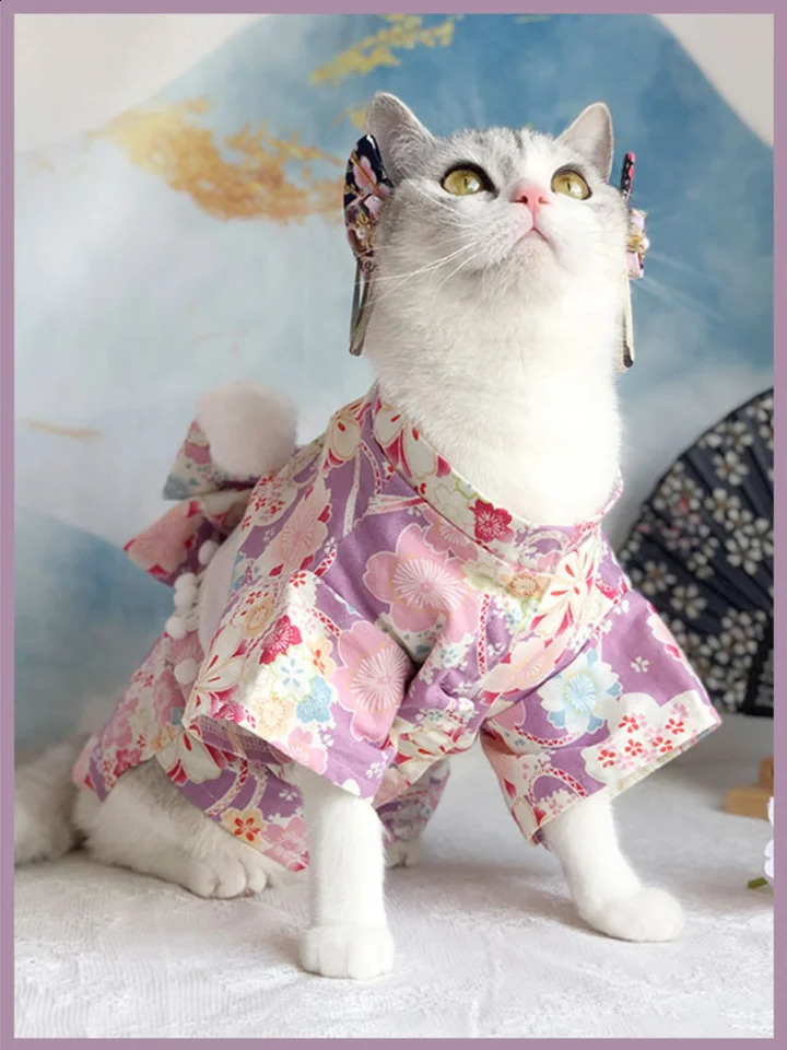 Japanese Style Thin Cat Dog Coat Kimono Summer Pet Clothes for Cats Dogs Cute Print with Bow-knot Kitten Sphynx Clothing Outfit 241231