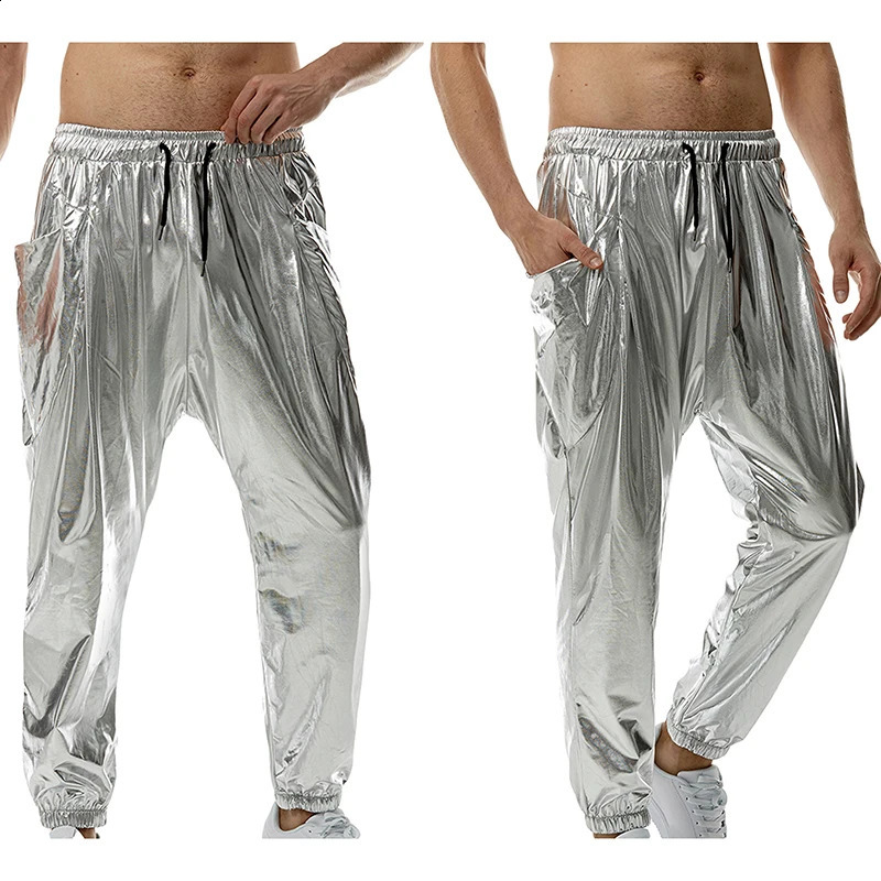 Mens Metallic Joggers Pants Shiny Drawstring Elastic Waist Solid Color Athletic Workout Sweatpants with Pockets Long Trousers 241230